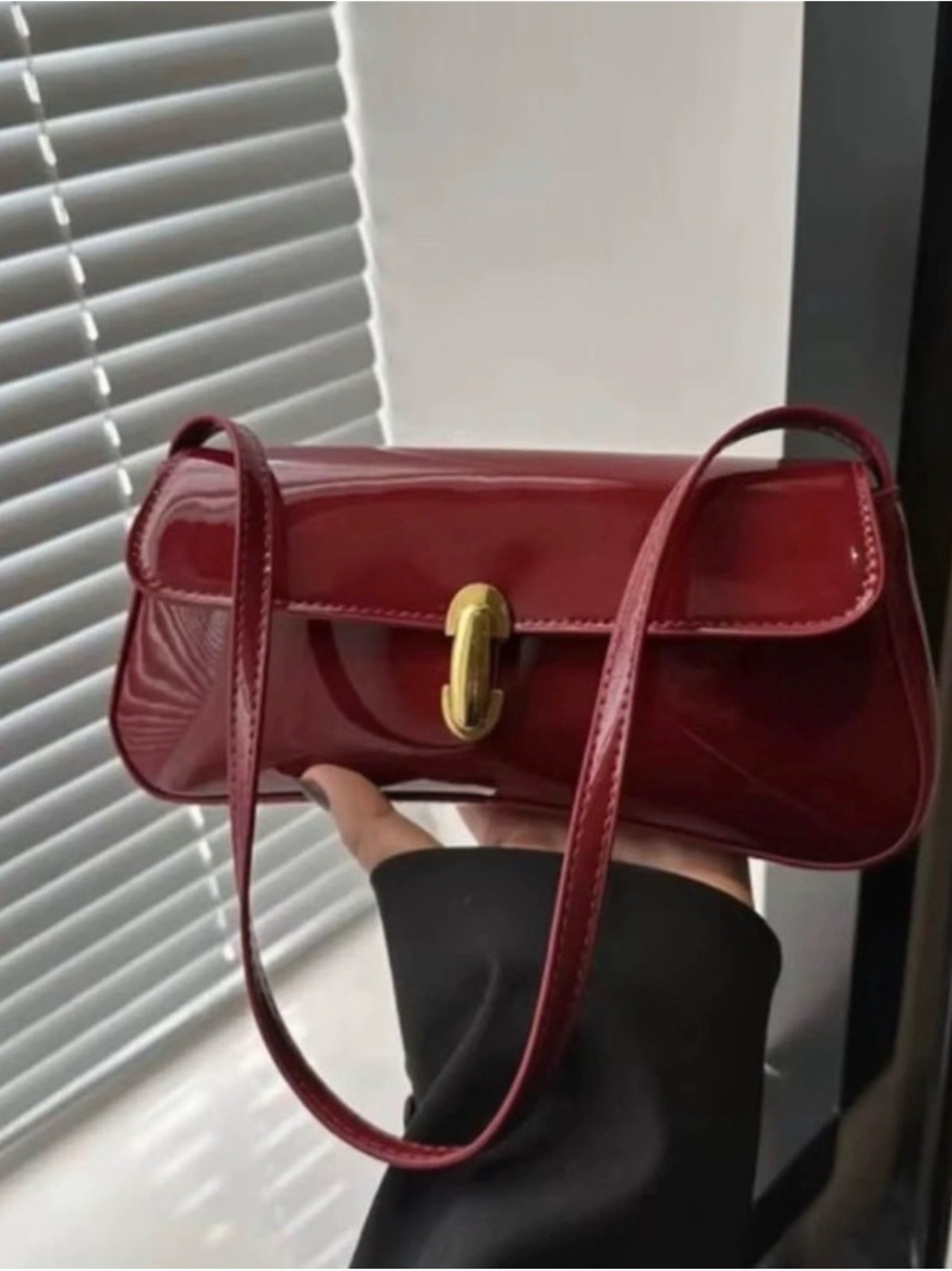 Glossy Burgundy Patent Shoulder Bag with Gold-Tone Clasp